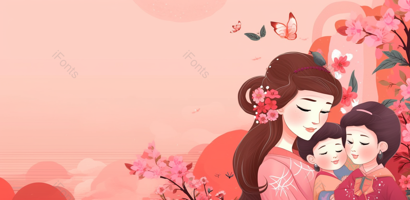 桃花丛中母亲和两个孩子母亲节手绘场景,插画/手绘图,插画/手绘图库,插画/手绘图下载,插画/手绘